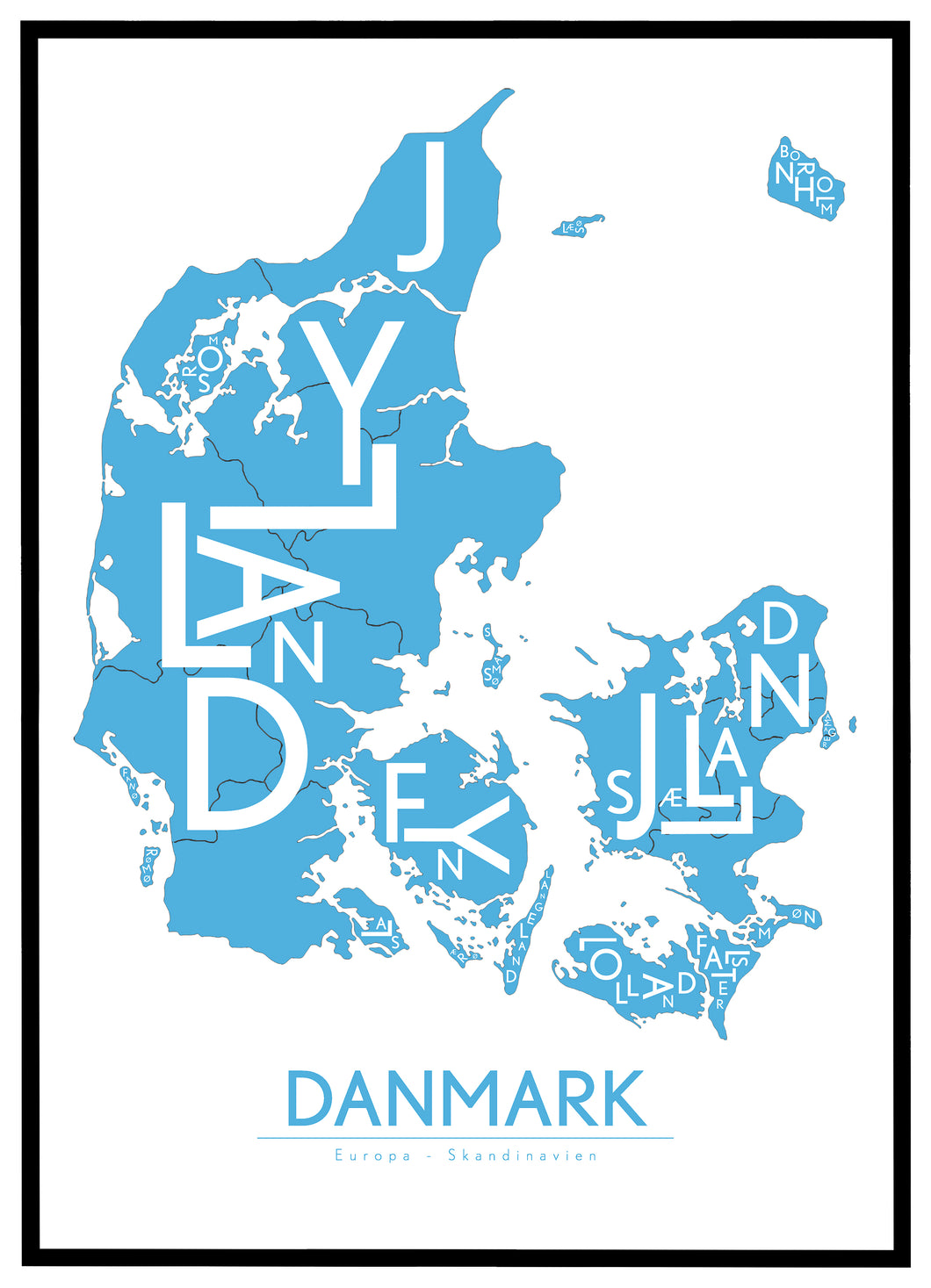 Danmarkskort Blå - Plakat